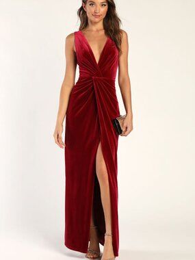 Lulus Beautiful Evenings Magenta Velvet Twist-front Maxi Dress Red - Size XS